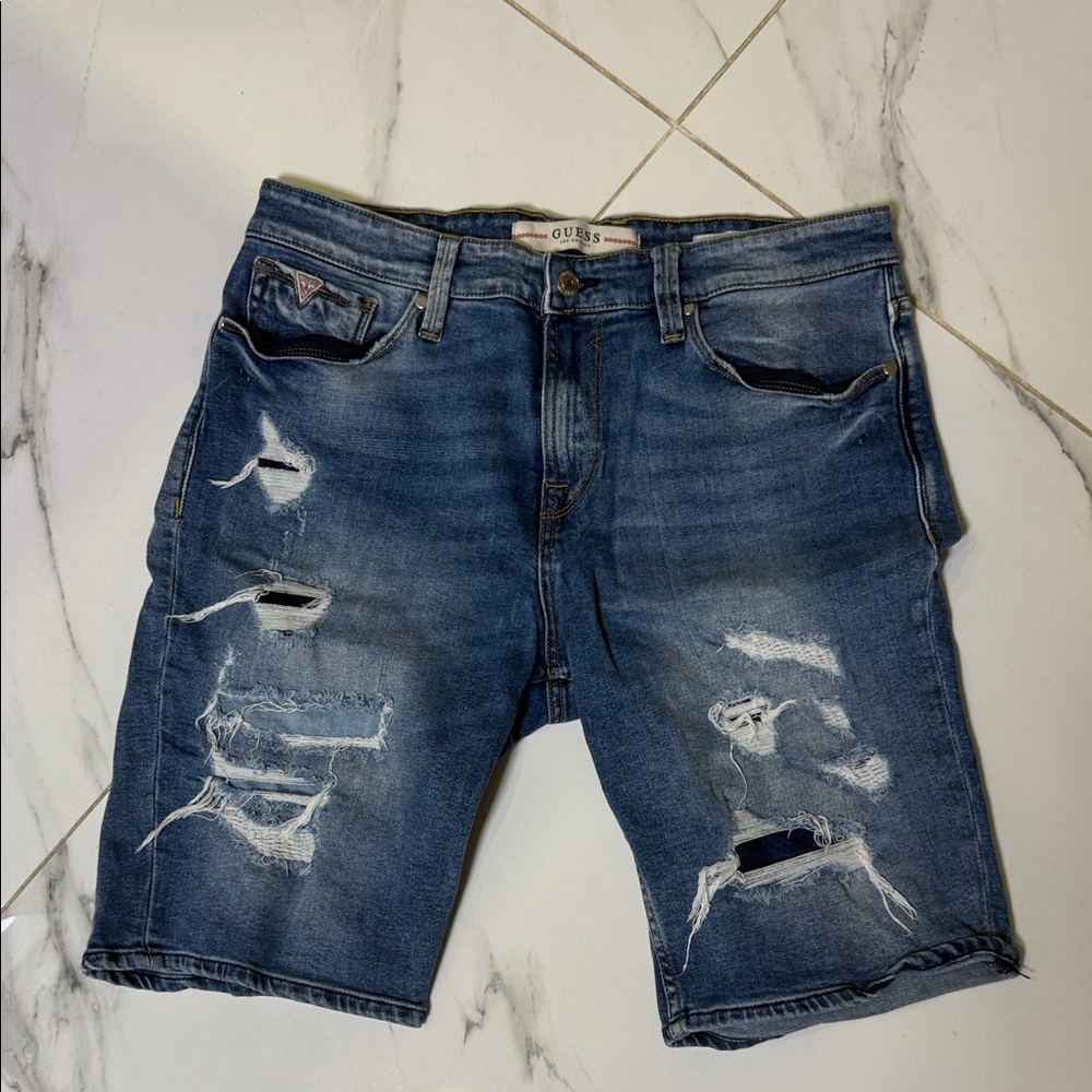 Guess Men's Ripped Blue Jean Shorts